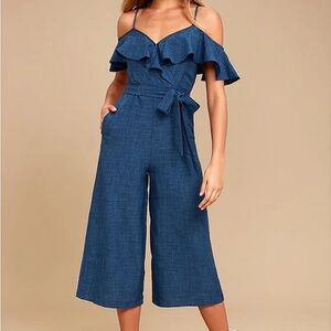 Off-Shoulder Ruffle Wide-Leg Jumpsuit - Blue